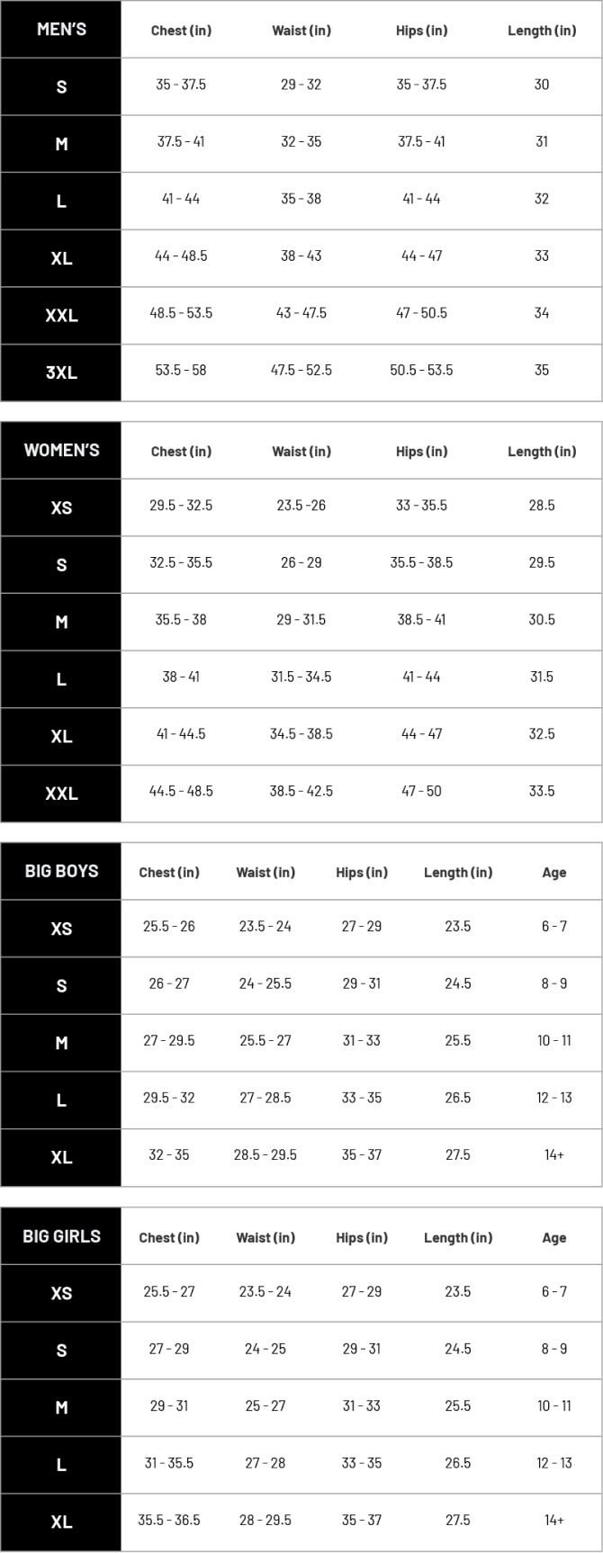 Table Size Chart